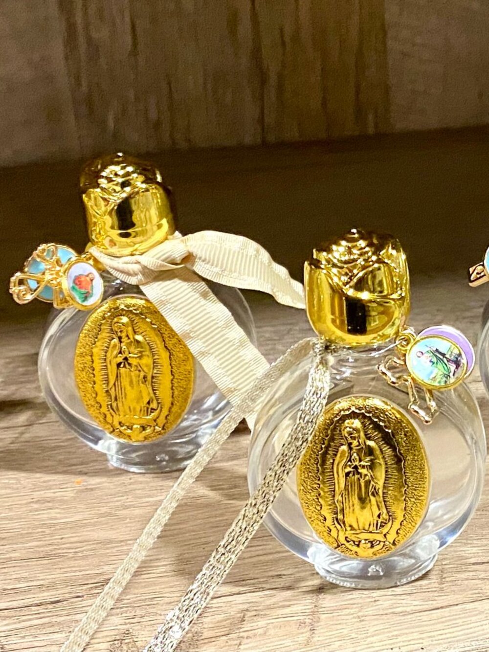 Holy water bottle Virgin Mary with religious accent charms